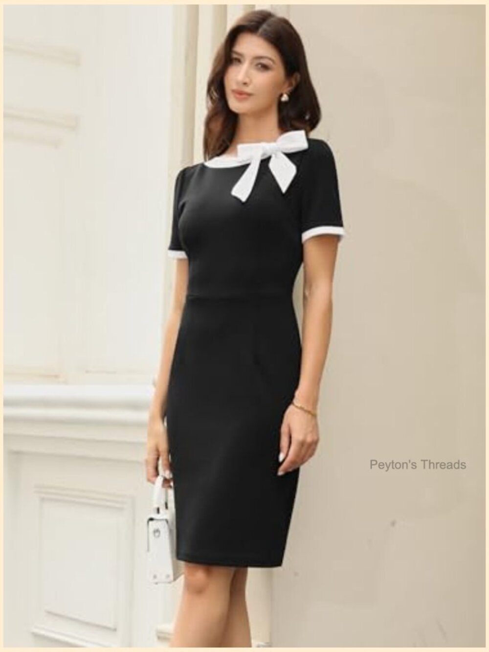 Bow Tie Crew Neck Short Sleeve Midi Dress Business Casual - Picture 3 of 5
